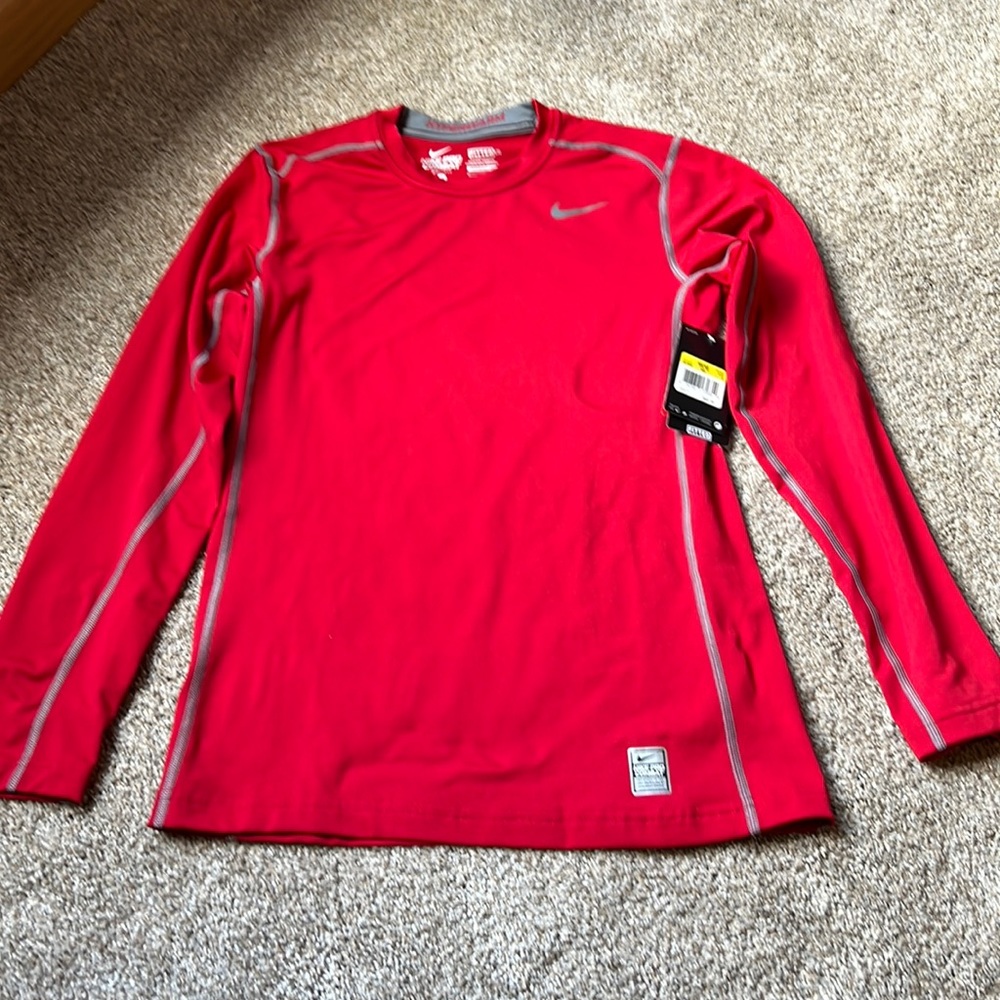 Men’s Nike pro combat, dri-fit, long sleeve, hyperwarm shirt. Red. Men’s small.